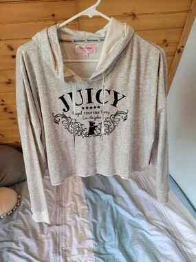 Juicy Couture Light Gray Cropped Hoodie with Black Logo